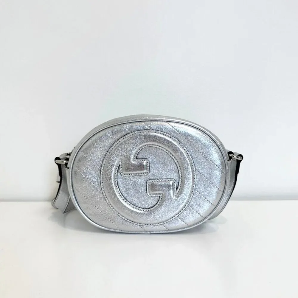 GUCCI Silver Leather GG Logo Oval Blondie Crossbody Bag Metallic Stripe Handbag